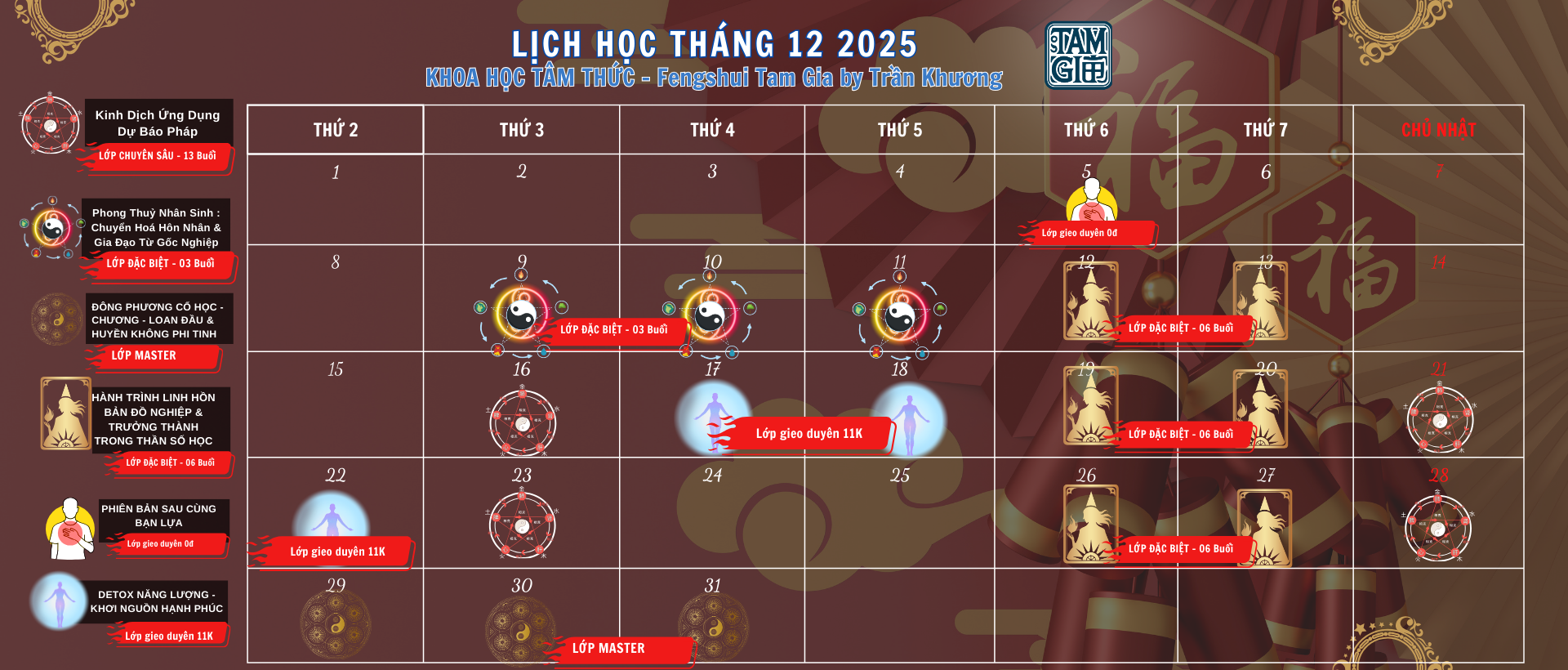 Lịch học tháng 12 Học viện Fengshui Tam Gia